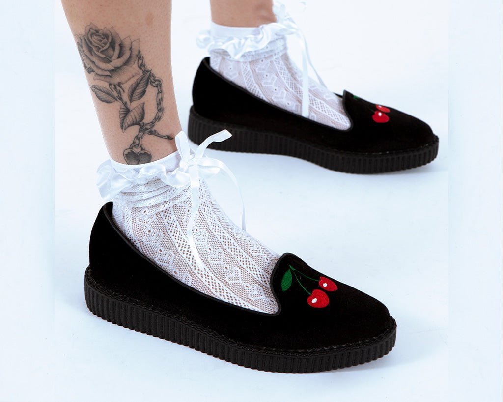 A3338L Black Velvet Cherry Ballet Flat Black T.U.K. Shoes