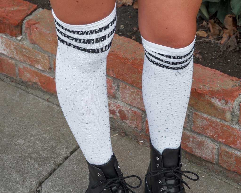 TSK1124 Black & White Varsity Rhinestone Over-The-Knee Sock TSK1124-OS  T.U.K. Shoes