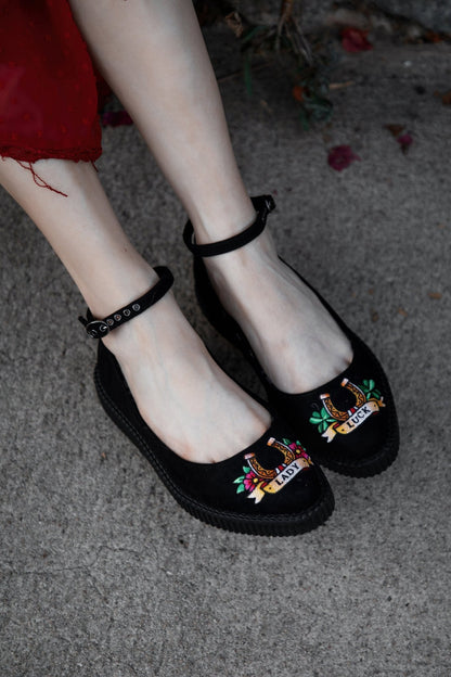 A3420L Black Lady Luck Pointed Ballet Creeper Black T.U.K. Shoes
