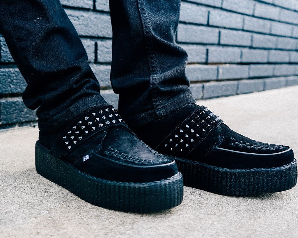 V3262 Black Suede Studded Strap Viva Mondo Creeper Black T.U.K. Shoes