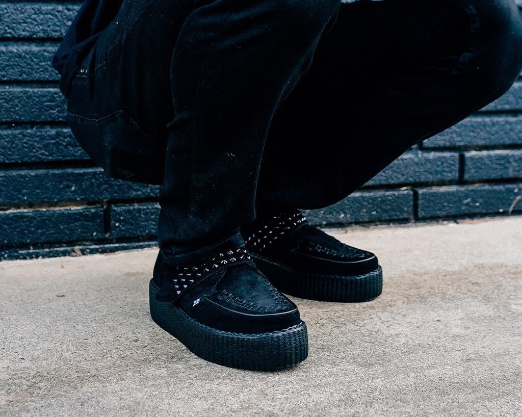 V3262 Black Suede Studded Strap Viva Mondo Creeper Black T.U.K. Shoes