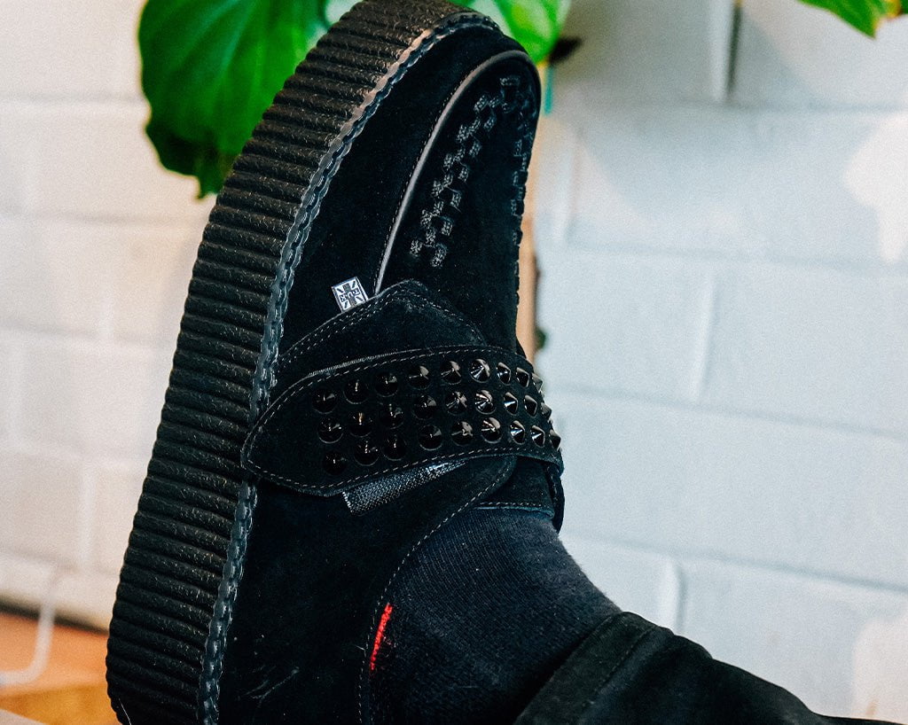 V3262 Black Suede Studded Strap Viva Mondo Creeper Black T.U.K. Shoes