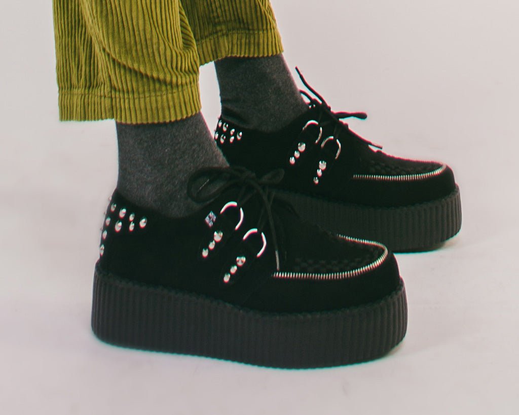 V3075 Black Suede Zipper Studded Mondo Creeper Black T.U.K. Shoes