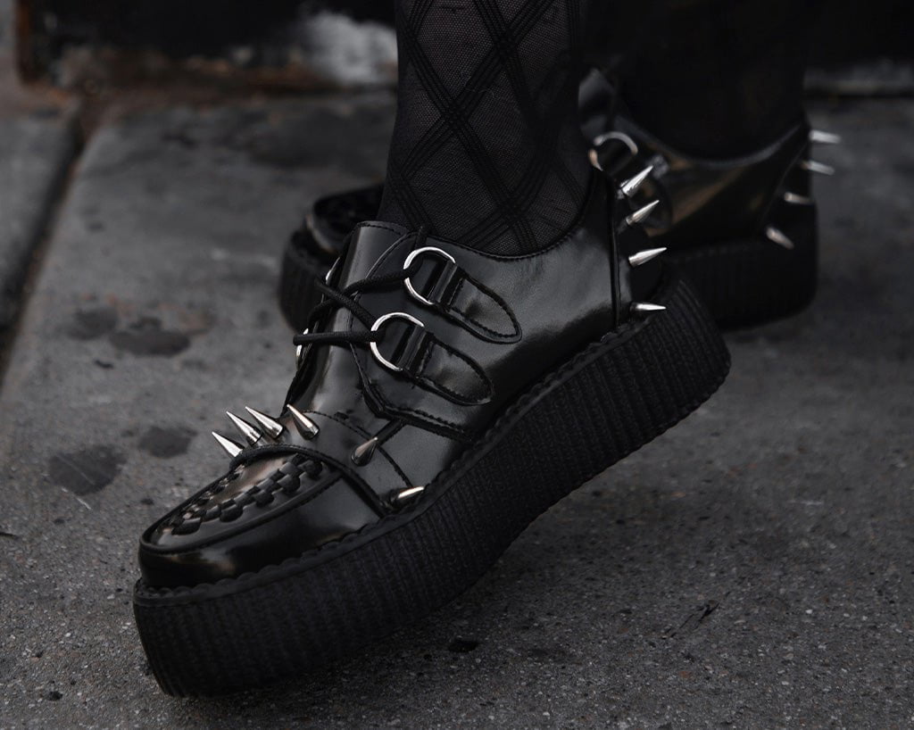 V3341 Black Leather Spike Viva Mondo Creeper Black T.U.K. Shoes
