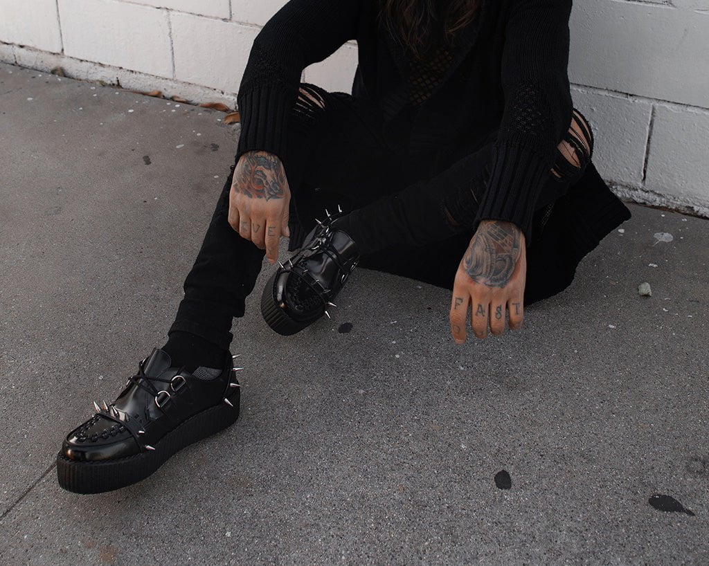 V3341 Black Leather Spike Viva Mondo Creeper Black T.U.K. Shoes