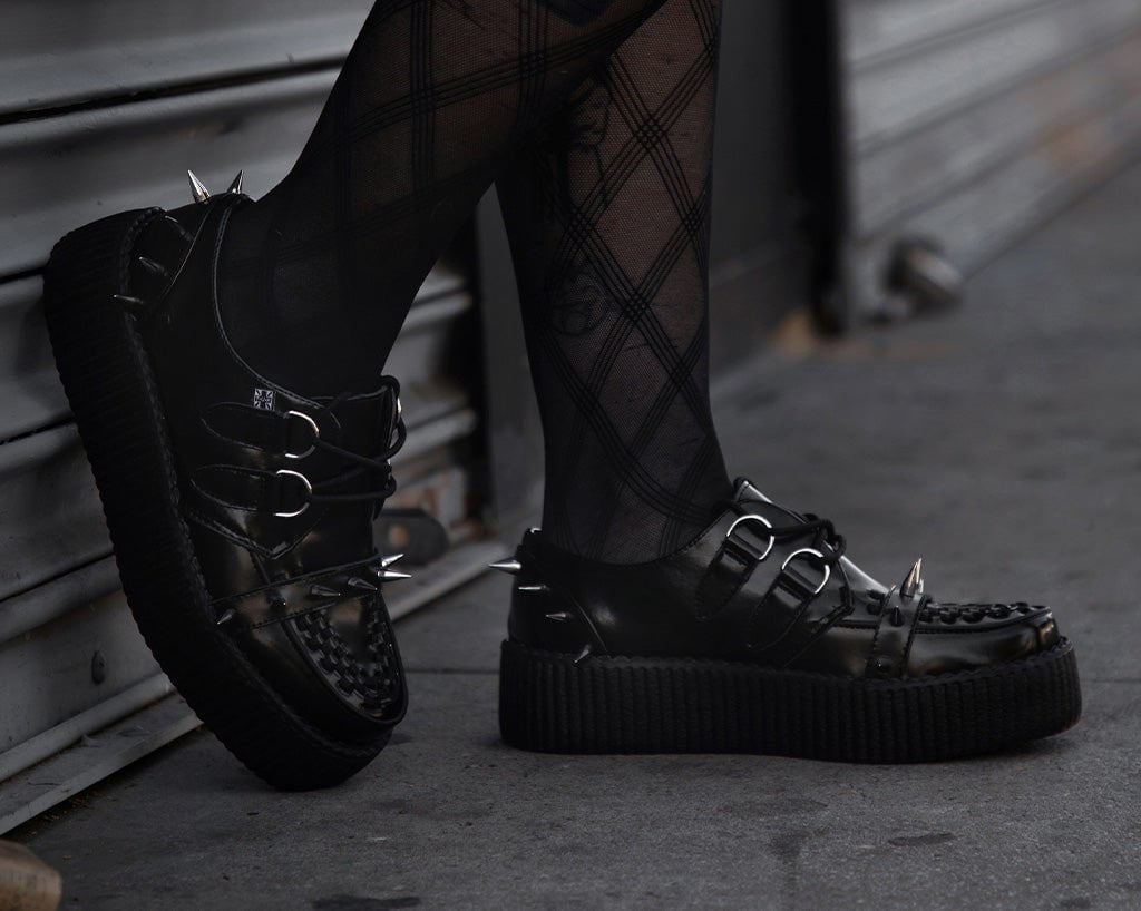 V3341 Black Leather Spike Viva Mondo Creeper Black T.U.K. Shoes