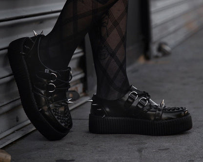 V3341 Black Leather Spike Viva Mondo Creeper Black T.U.K. Shoes