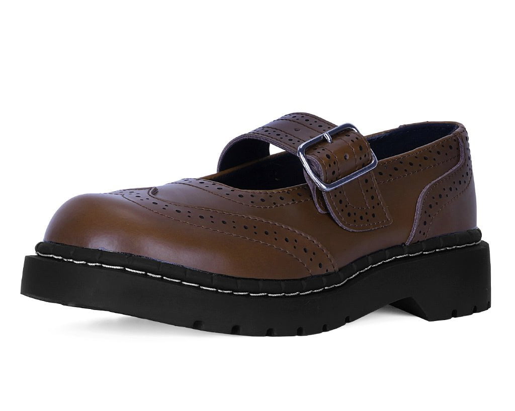 T2349 Brown Leather Brogue Mary Jane Brown T.U.K. Shoes