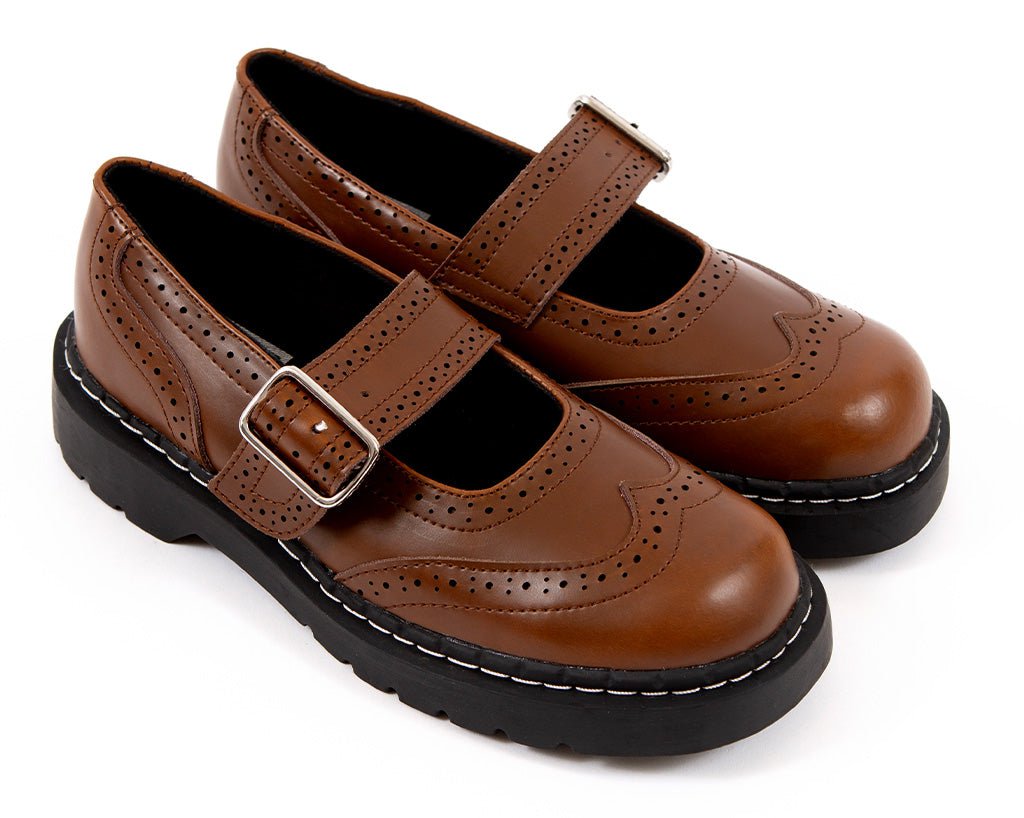 T2349 Brown Leather Brogue Mary Jane Brown T.U.K. Shoes