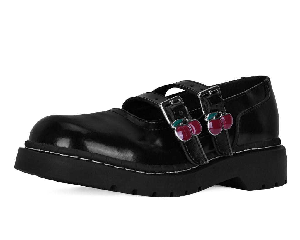 T2345 Black Leather Cherry Buckle Mary Jane Black T.U.K. Shoes