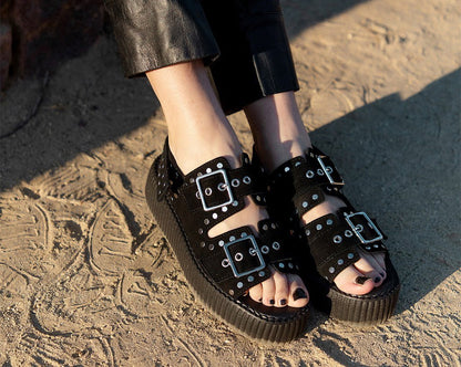 V3343L Black Suede Flat Stud Viva Mondo Sandal Black T.U.K. Shoes