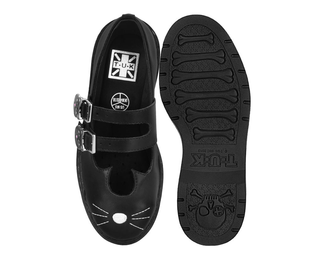 A3363L Black Leather 2-Buckle Kitty Mary Jane Black T.U.K. Shoes