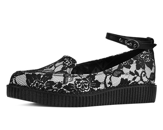 Black Satin Lace Pointed Ballet Creeper Blackwhite T.U.K. Shoes