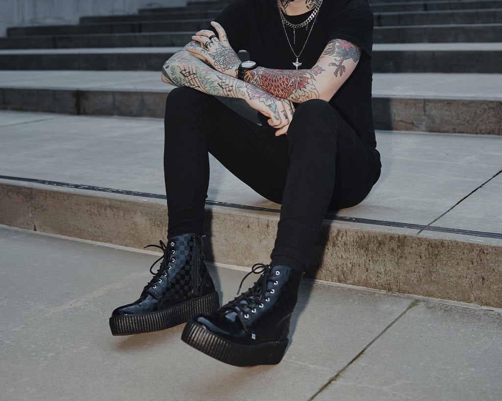V3202 Black Checkered Patent Viva Mondo Boot Black T.U.K. Shoes