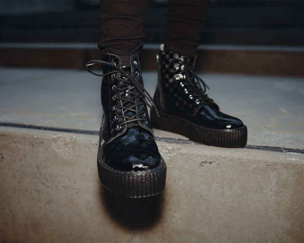 V3202 Black Checkered Patent Viva Mondo Boot Black T.U.K. Shoes